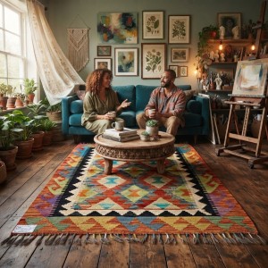 Ruhunu İlmekten Alan Sanat Eseri: Kök Boya %100 Yün El Dokuma Kilim (122 x 88 cm)