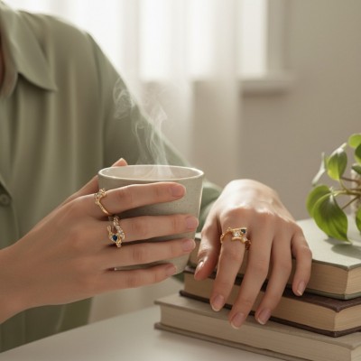 3'lü Modern Vintage Yüzük Seti Altın Renk