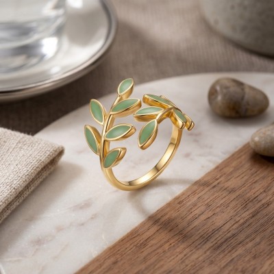 Yeni Sezon Ayarlanabilir Gold Kaplama Yeşil Yaprak Yüzük