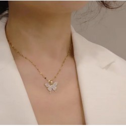 Taşlı Kelebek Kolye - Altın Kaplama Şık Kadın Çelik Kolye