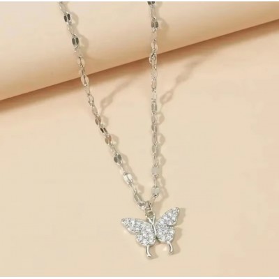 Taşlı Kelebek Kolye - Gümüş Kaplama Şık Kadın Çelik Kolye