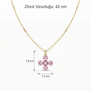 Yonca Figürlü Pembe Zirkon Taşlı Gold Kolye | İmalattan Toptan Çelik Takı