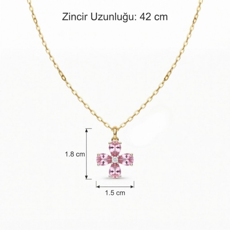 Yonca Figürlü Pembe Zirkon Taşlı Gold Kolye | İmalattan Toptan Çelik Takı