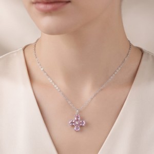 Gümüş Kaplama Pembe Zirkon Taşlı Yonca Kadın Kolye | Toptan Çelik Kolye