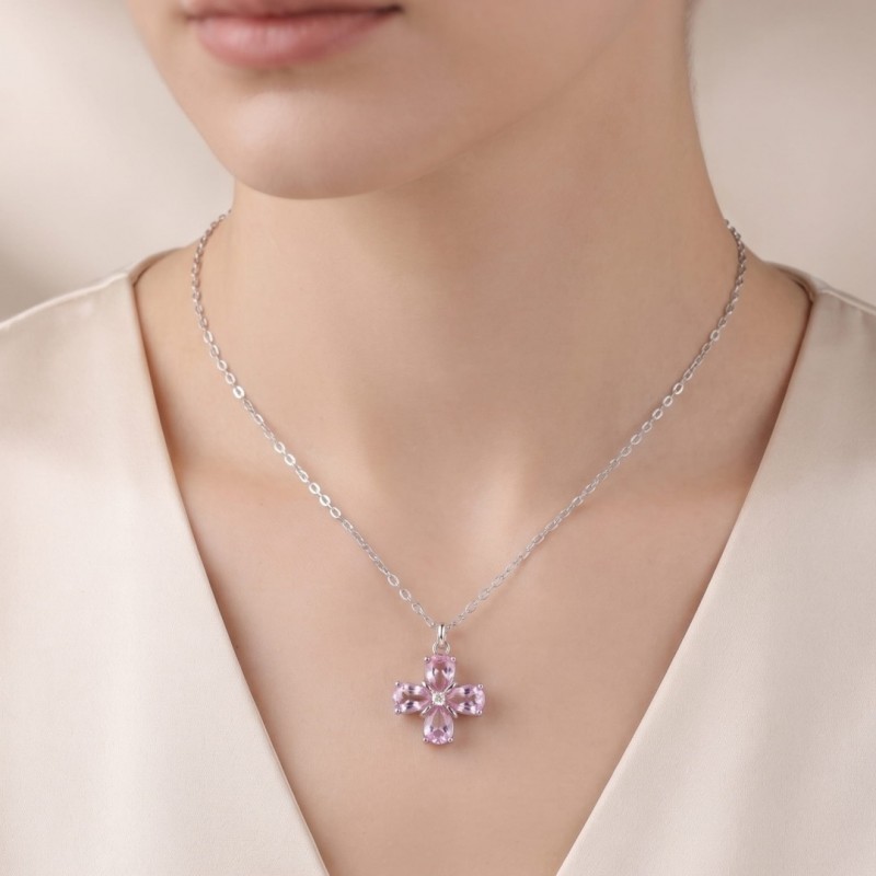 Gümüş Kaplama Pembe Zirkon Taşlı Yonca Kadın Kolye | Toptan Çelik Kolye