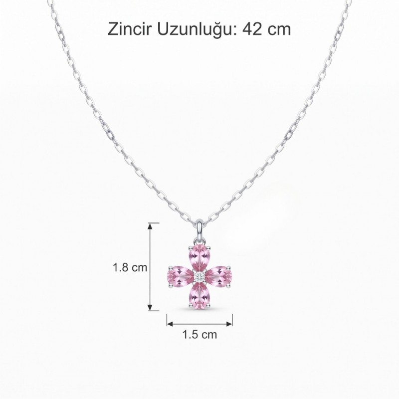 Gümüş Kaplama Pembe Zirkon Taşlı Yonca Kadın Kolye | Toptan Çelik Kolye