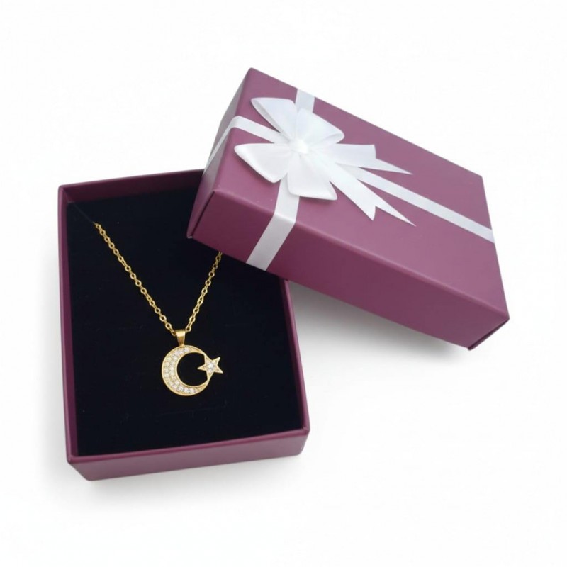 Hediye Kutulu Gold Zirkon Taşlı Ay Yıldız Kolye