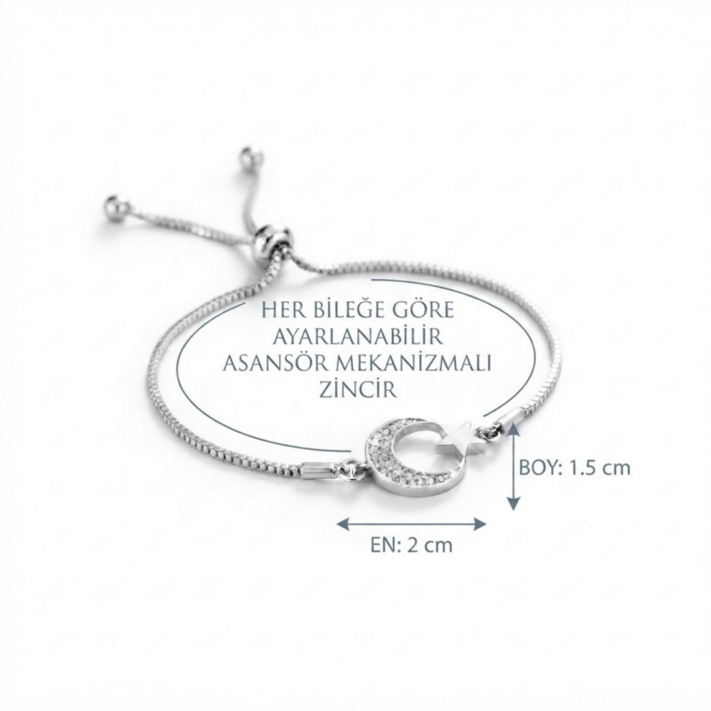 Zirkon Taşlı Silver Kaplama Ay Yıldız Asansörlü Bileklik