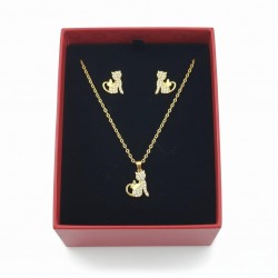 Özel Hediye Kutulu Kedi Figürlü Kolye Küpe Seti Gold Renk 