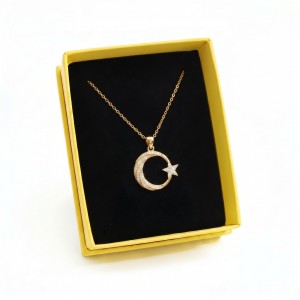 Satışa Hazır! Kutulu Ay Yıldız Çelik Kolye - Zirkon Taşlı Gold Tasarım
