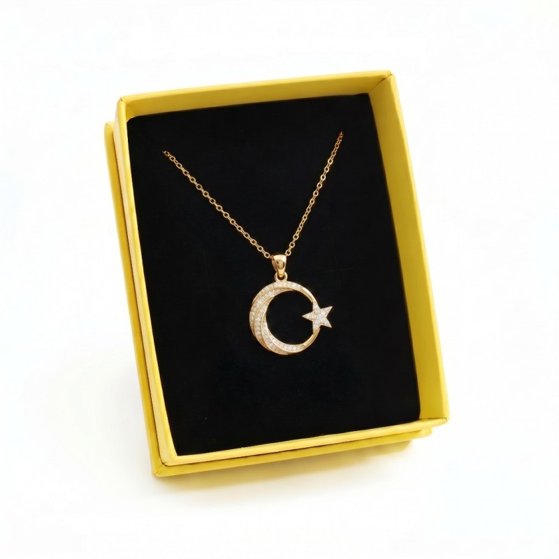 Satışa Hazır! Kutulu Ay Yıldız Çelik Kolye - Zirkon Taşlı Gold Tasarım Satışa Hazır! Kutulu Ay Yıldız Çelik Kolye - Zirkon Taşlı Gold Tasarım