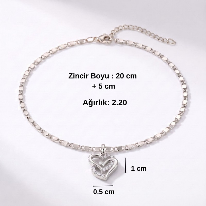 Toptan Zirkon Taşlı Kalp Figürlü Çelik Gümüş Renk Halhal Toptan Zirkon Taşlı Kalp Figürlü Çelik Gümüş Renk Halhal
