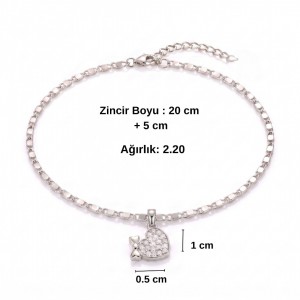 Zirkon Taşlı Fiyonklu Kalp Objeli Gümüş Renk Halhal