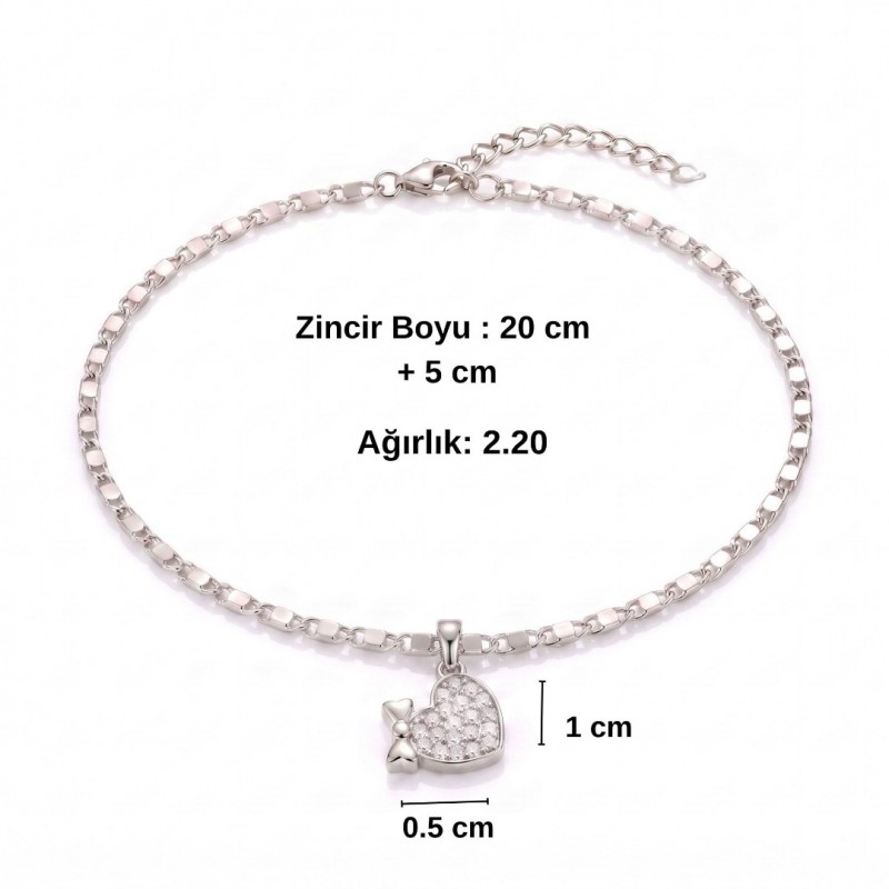 Zirkon Taşlı Fiyonklu Kalp Objeli Gümüş Renk Halhal