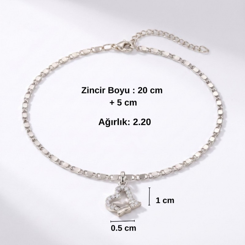 Kalpli Kelebek Figürlü Zirkon Taşlı Halhal | Gümüş Renk