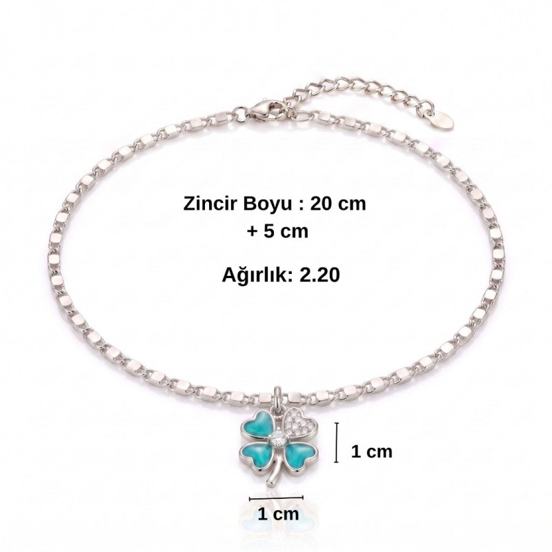 Mineli Yonca Figürlü Bakla Zincir Gümüş Çelik Halhal