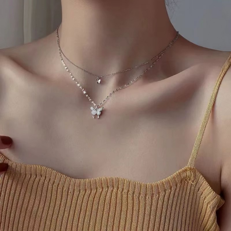 Çift Katlı Kelebek Tasarım Çelik Kolye | Kararmaz Gümüş Kaplama Toptan Kadın Kolye Modeli