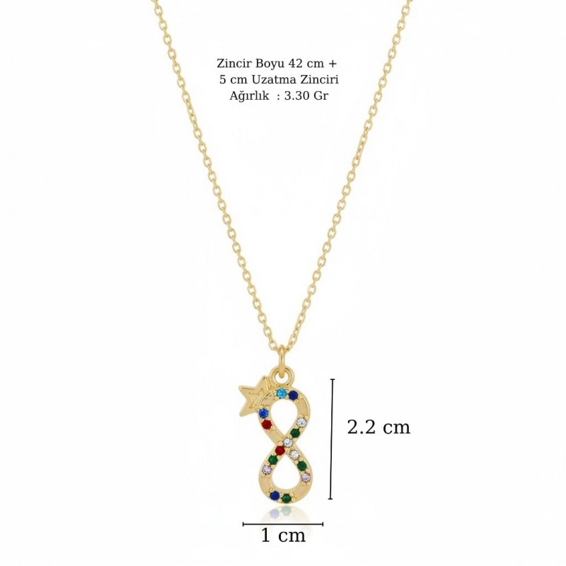 Renkli Zirkon Taşlı Sonsuzluk Yıldız Gold Kolye - Toptan Bijuteri