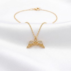 Kalpli Melek Kanadı Kolye, Zirkon Taşlı Gold Kaplama