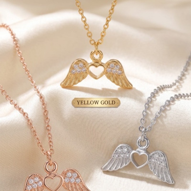 Zirkon Taşlı Kalpli Melek Kanadı Tasarım Kolye, Rose Gold Kaplama | Toptan Takı