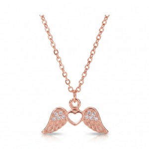 Zirkon Taşlı Kalpli Melek Kanadı Tasarım Kolye, Rose Gold Kaplama | Toptan Takı