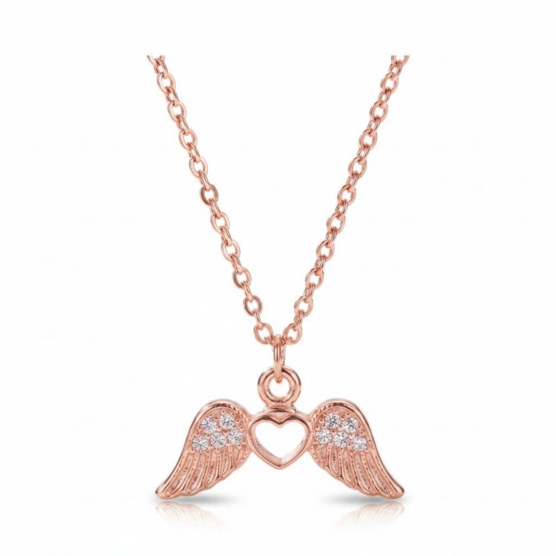 Zirkon Taşlı Kalpli Melek Kanadı Tasarım Kolye, Rose Gold Kaplama | Toptan Takı