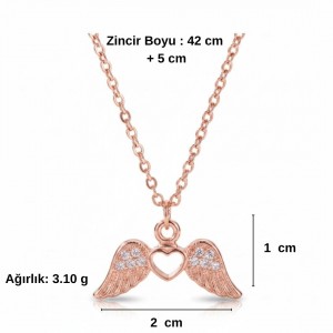 Zirkon Taşlı Kalpli Melek Kanadı Tasarım Kolye, Rose Gold Kaplama | Toptan Takı