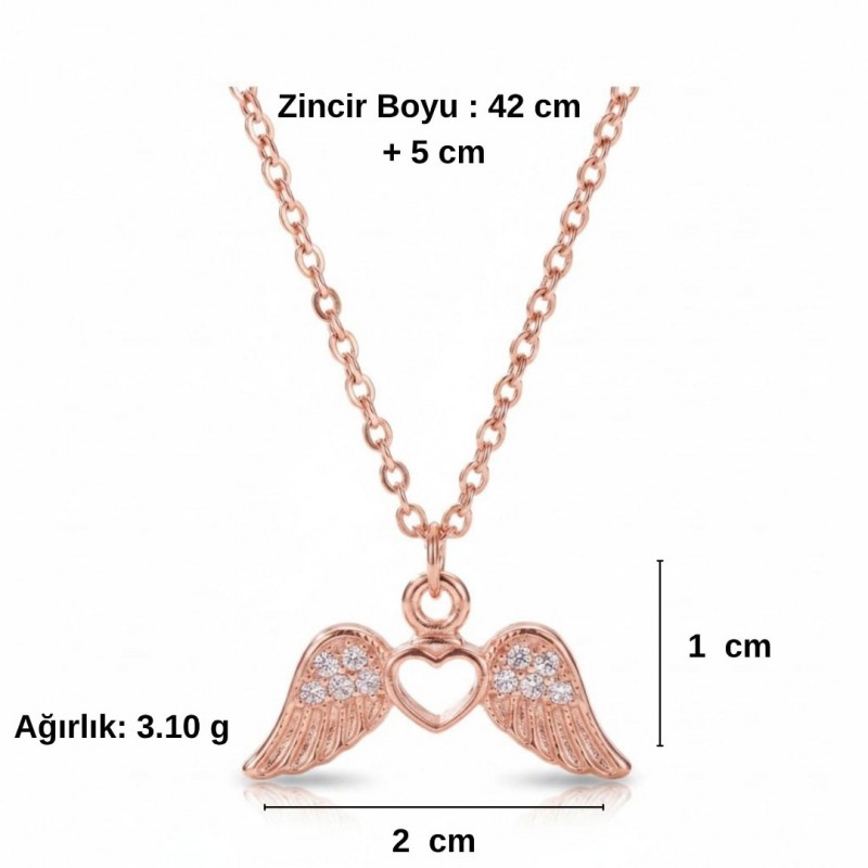 Zirkon Taşlı Kalpli Melek Kanadı Tasarım Kolye, Rose Gold Kaplama | Toptan Takı