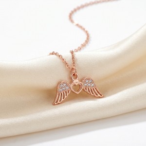 Zirkon Taşlı Kalpli Melek Kanadı Tasarım Kolye, Rose Gold Kaplama | Toptan Takı