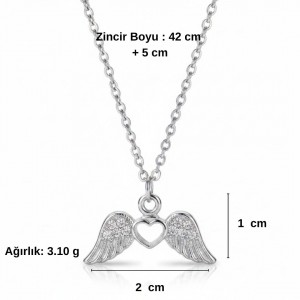 Kalpli Melek Kanadı Kolye, Zirkon Taşlı Gümüş Rodyum Kaplama