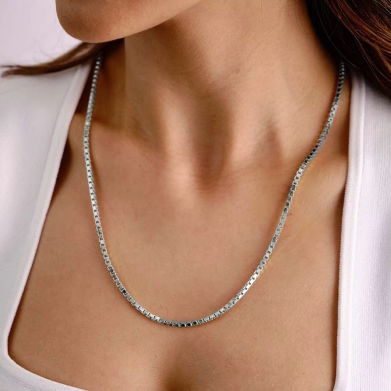 Gümüş Kaplama Çelik Küp Zincir Kolye – 1.4 mm Kalınlık, 40+4 cm Ayarlanabilir Uzunluk
