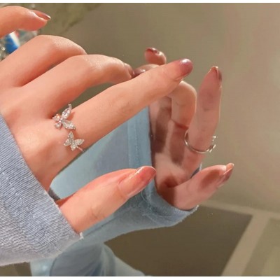 Zarif Çift Kelebek Desenli Yüzük - Gümüş Renk 