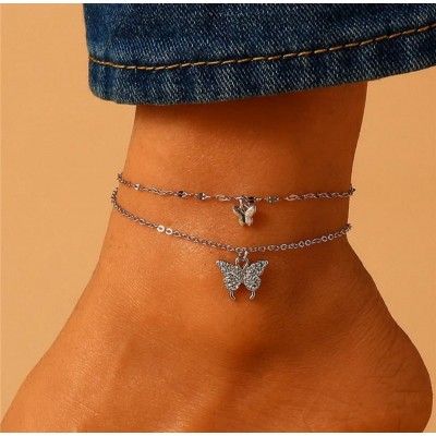 Çift Kat Kelebek Detaylı Rodyum Zincir Halhal
