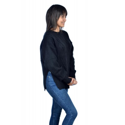 Bisiklet Yaka Yırtmaçlı Bayan Yün Kazak Siyah