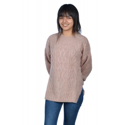 Bisiklet Yaka Yırtmaçlı Bayan Yün Kazak Pudra