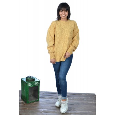 Bisiklet Yaka Yırtmaçlı Bayan Yün Kazak Hardal