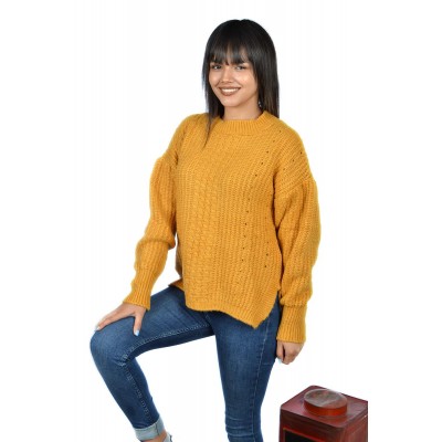 Yandan Yırtmaçlı Bayan Yün Kazak Hardal