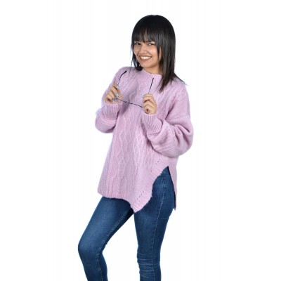 Bisiklet Yaka Yırtmaçlı Bayan Yün Kazak Pembe