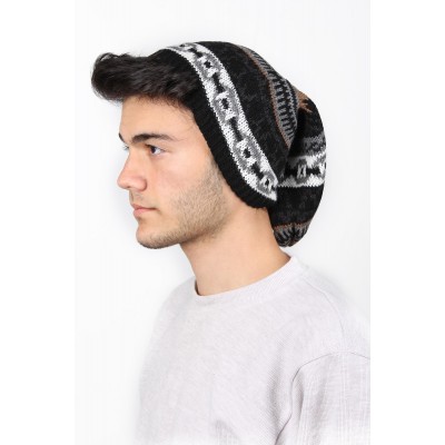 Şık Kilim Deseni Büzgülü Erkek Yün Bere Kahverengi