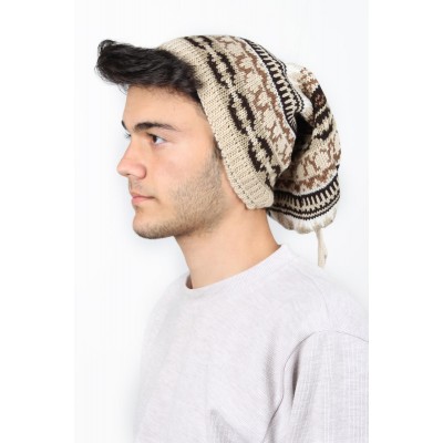 Şık Kilim Deseni Büzgülü Erkek Yün Bere Krem