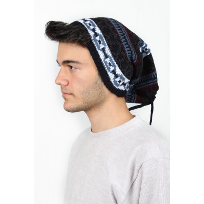 Büzgülü Erkek Yün Bere Lacivert Desenli