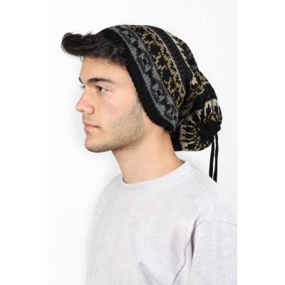 Şık Kilim Deseni Büzgülü Erkek Yün Bere Yeşil