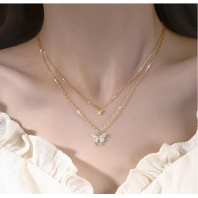 Çift Katlı Kadın Kelebek Kolye - Kararmaz Altın Kaplama