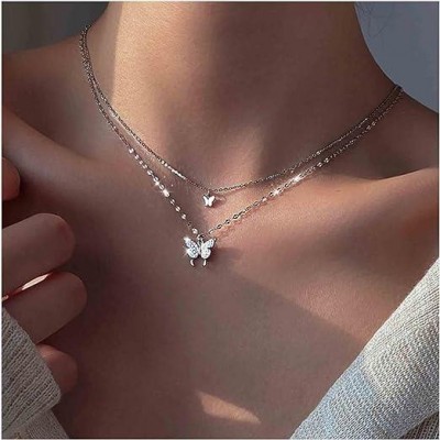 Çift Katlı Kadın Kelebek Kolye - Kararmaz Silver Kaplama Çift Katlı Kadın Kelebek Kolye - Kararmaz Silver Kaplama