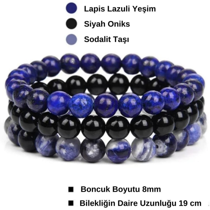 Lapis Lazuli Yeşim Taşı, Siyah Oniks ve Sodalit Taşlı Doğal Taş Zayıflama Bilekliği