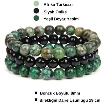Doğal Taş Zayıflama Bilekliği - Afrika Turkuazı, Siyah Oniks, Yeşil Beyaz YeşimTaşı 3'lü Set Doğal Taş Zayıflama Bilekliği - Afrika Turkuazı, Siyah Oniks, Yeşil Beyaz YeşimTaşı 3'lü Set