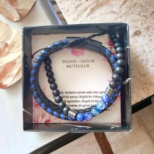 Siyah Oniks ve Lapis Taşlı Deri Bileklik - 2'li Kombin Erkek Bileklik Siyah Oniks ve Lapis Taşlı Deri Bileklik - 2'li Kombin Erkek Bileklik