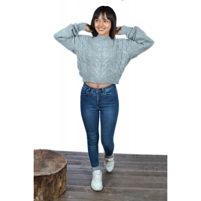 Şık ve Rahat Bayan Yün Crop Kazak Gri