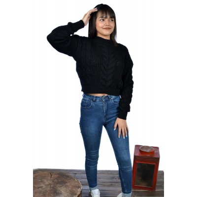 Şık ve Rahat Bayan Yün Crop Kazak Siyah