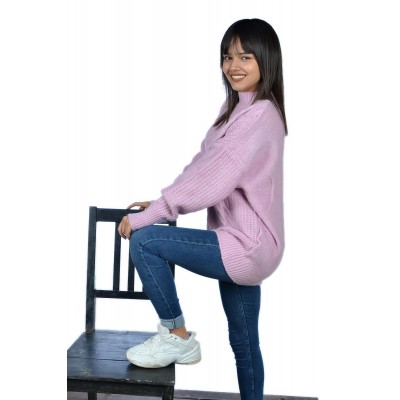 Pembe Balıkçı Yaka Salaş Bayan Yün Kazak